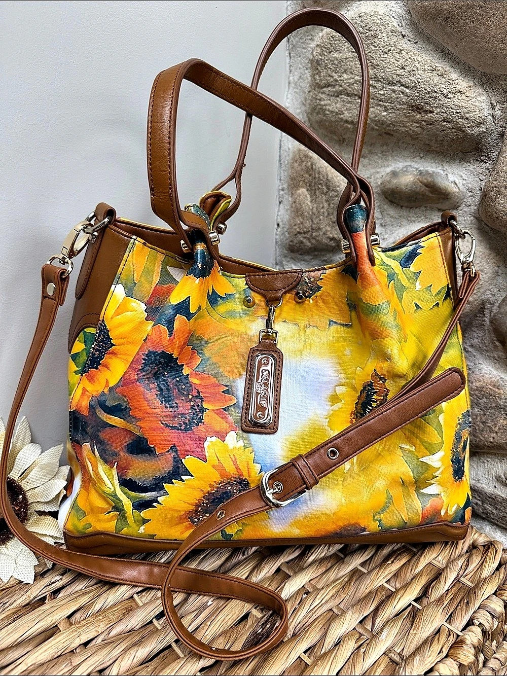 SHARIF 1827 Sunflower Floral Shopper Tote Bag in Yellow & Brown